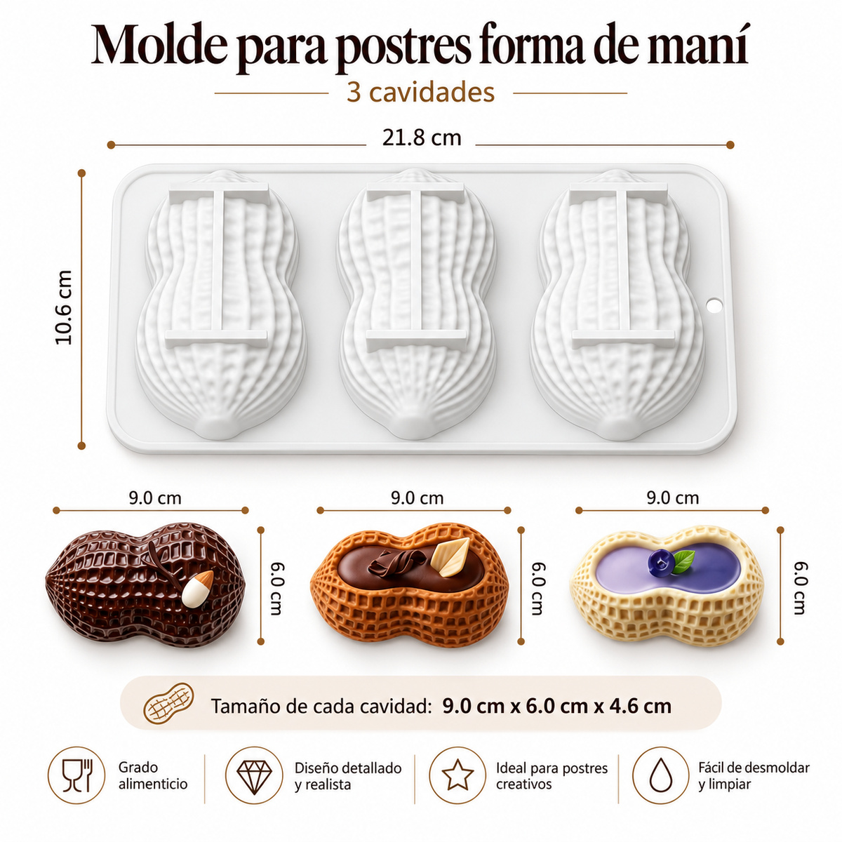 Molde para Postres con Forma de Maní – 3 Cavidades